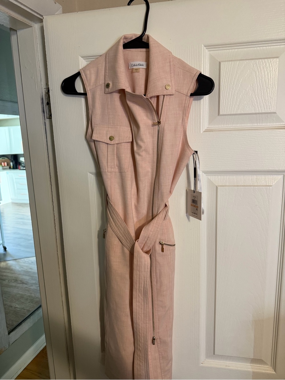 Calvin Klein Pale Peach Sleeveless Zip Dress with Belt
